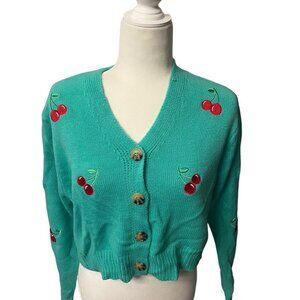 Sweet & Sinful Green Cardigan Cropped Sweater Cherries Size Medium